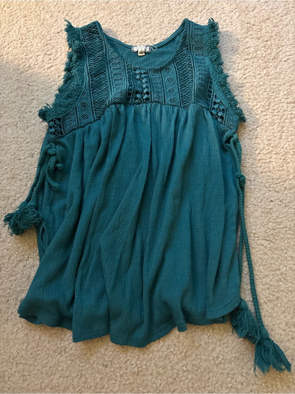 Free People Teal Crochet Yoke Tassel Tank